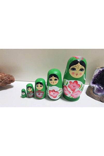 miski alem 5li Iç Içe Geçen Ahşap Yeşil Matruşka Bebek