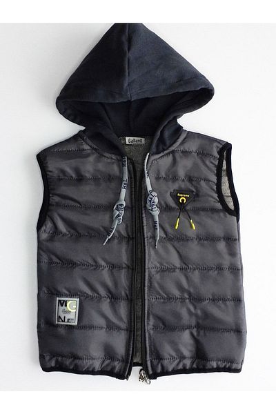 GallanD Inflatable Vest Children's Gray Smoke Color Hooded Fiber Seasonal Medium Thick Zippered Pocketless Embroidered Piping