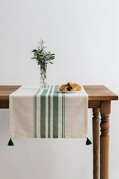 Denizli Concept Μπεζ Tereza Runner Σετ - Πράσινη ριγέ διακόσμηση επιτραπέζιων σκευών για μοντέρνα και κομψά τραπέζια