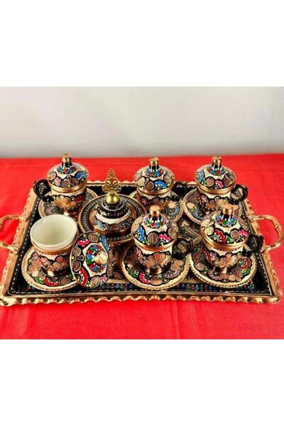 uzunoğlu bakır ürünleri 6lı Bakır Fincan Takımı ve Lokumluk,Kare Tepsi