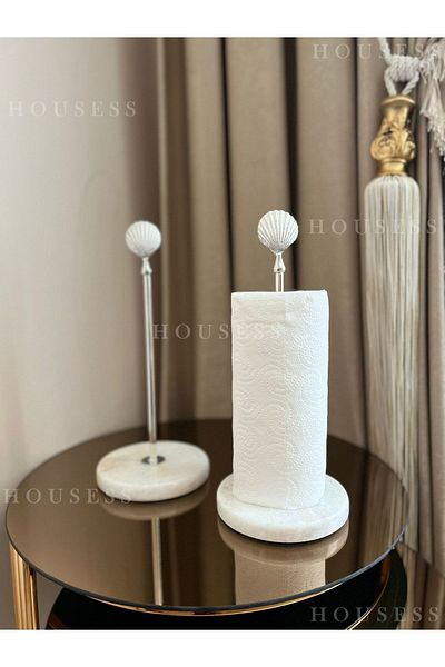 Housess Мраморен държач за хартиени кърпи, декоративен държач за салфетки с бродерия на стриди, сребрист