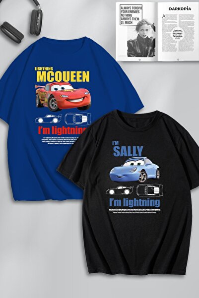 darkopia Unisex Γυναικείες Ανδρικές Μπλούζες Lightning McQueen και Sally με εμπριμέ Lover Couple Combined Design Μπλουζάκι μεγάλου μεγέθους 2-συσκευασία