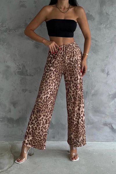 MOZENA Light Color Leopard Pattern Waist Tied Trousers