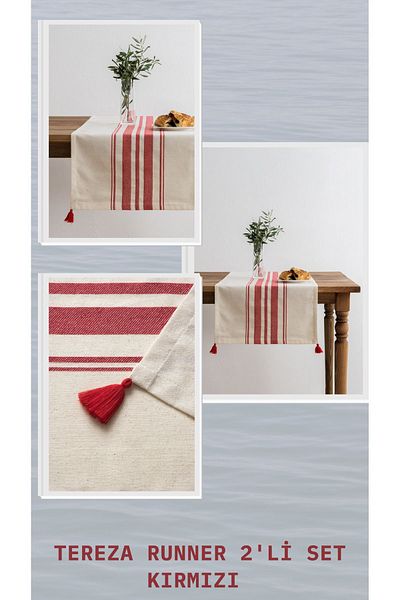 Denizli Concept Red Striped Tereza Runner Set - 2-Piece Beige Tableware Decor - with Stylish and Elegant Design