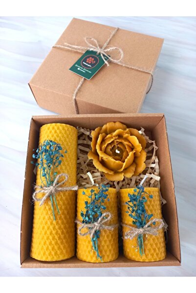 Petekoğlu Balmumu Mum Dekoratif Hediye Kutusu 4 Lü Set Doğal Petek Beeswax Candle Bal Mumu Mum