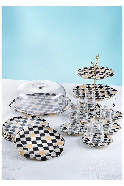 Evimin Eşyası Acar Enzo Damalı Model 21 Parça Çay&Pasta İkram Seti