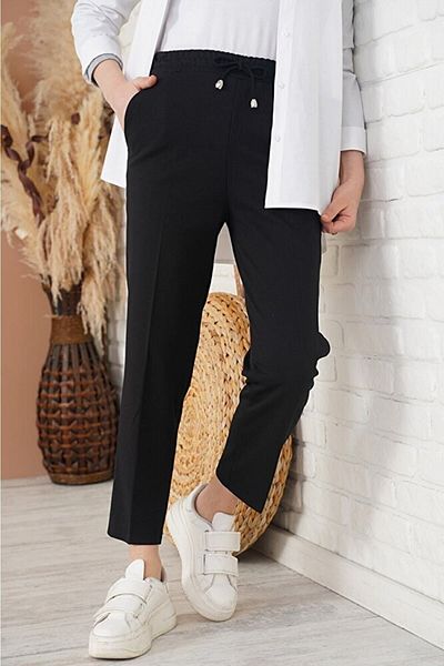 asilmoda Rope Detailed, Elastic Waist, Slim Leg Black Trousers