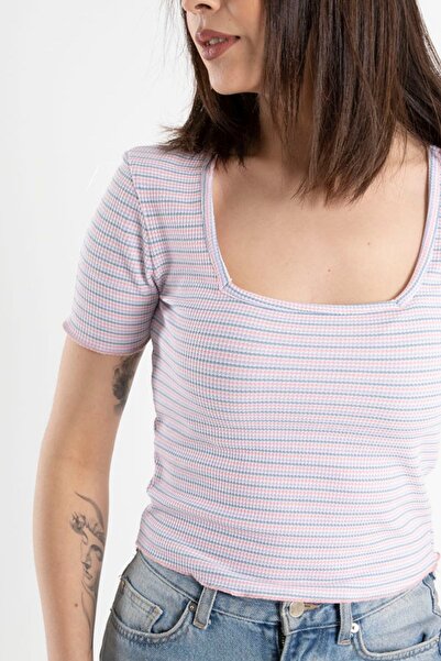 Mood Lab Kadın Pembe Çizgili U Yaka Fitted Kısa Kollu Crop Pantolon
