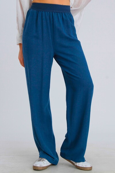 Suziş Blue Linen Textured Palazzo Trousers - Elastic Waist, 50799
