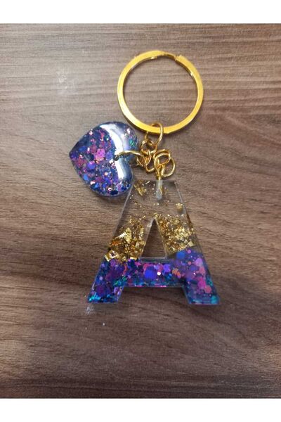 demirbasavm سلسلة مفاتيح إيبوكسي حرف A - صناعة يدوية