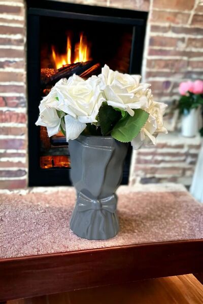 DEYART Iskandinav Büyük Buket Vazo Biblo Çiçeklik Dekoratif Fiyonklu Vazo 20x10x10cm Bohem