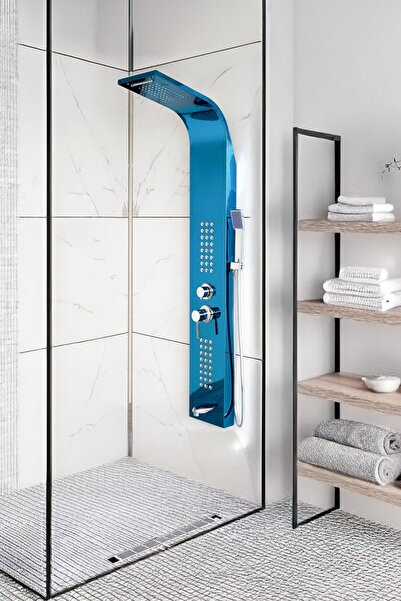 Banora Infinity Lux Duş Paneli, 5 Fonksiyonlu, Paslanmaz Çelik, Tepe Duş, Şelale Sistem, Mavi