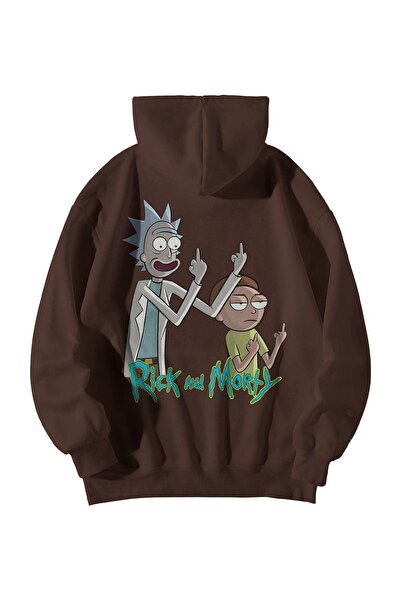Stadium Кафяв унисекс суитшърт с качулка и джоб кенгуру, щампа на РикМорти и среден пръст