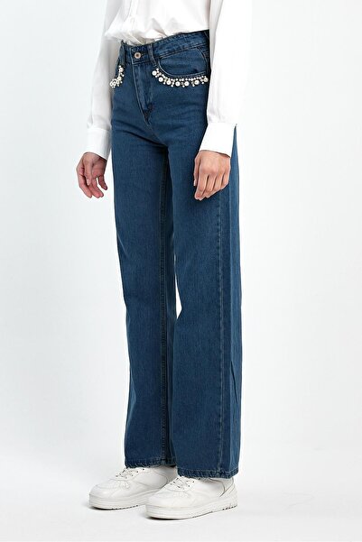 Basicpark Koyu Mavi Cep Taş Ve Inci Detaylı %100 Cotton Wide Leg Denim