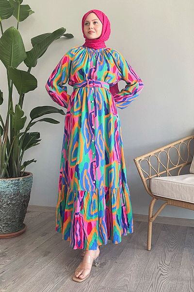 InStyle Ροζ Φόρεμα βισκόζης - Οβάλ ρίγα και ζώνη