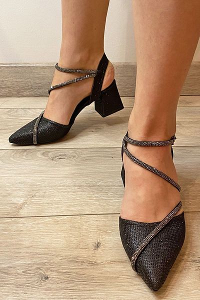 Moira Shoes Women's Ribbed Mid Heeled Stoned Shiny Black Ballerina Evening Dress Shoes