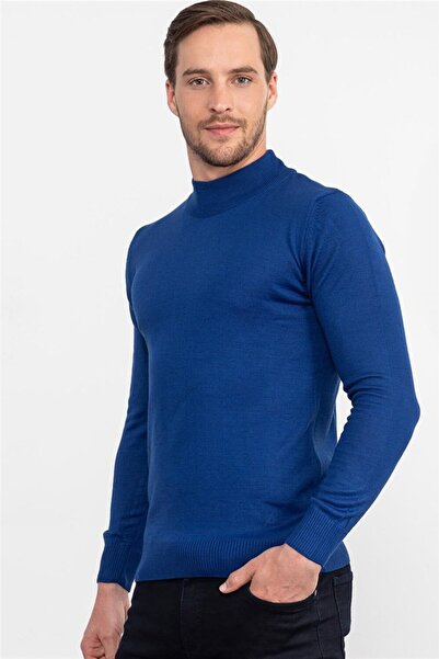 Tudors Men's Slim Fit Slim Fit Half Turtleneck Solid Sax Blue Knitwear Sweater