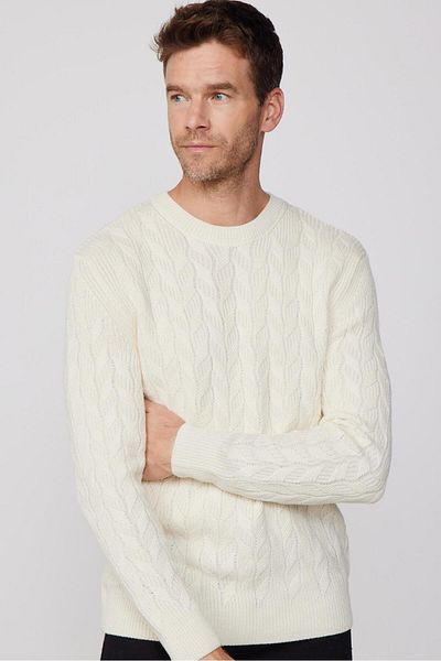 Tudors Slim Fit Crew Neck Patterned Cream Color Men's Knitwear Sweater
