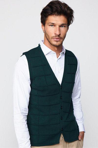 Tudors Slim Fit Square Patterned Green Men's Vest