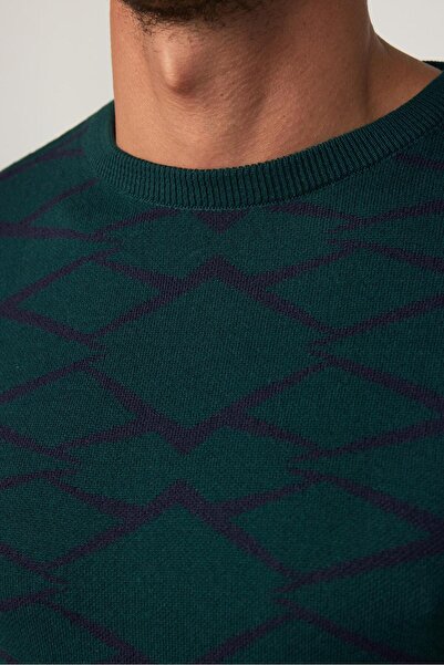 Tudors Erkek Slim Fit Dar Kesim Bisiklet Yaka Jakarlı Yeşil-Siyah Triko Kazak