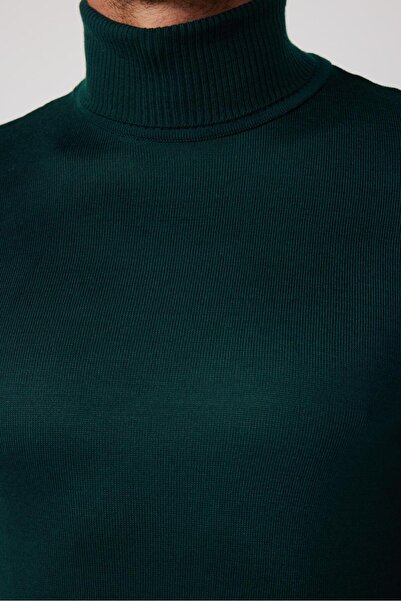 Tudors Erkek Slim Fit Dar Kesim Tam Balıkçı Yaka Düz Yün Yeşil Triko Kazak