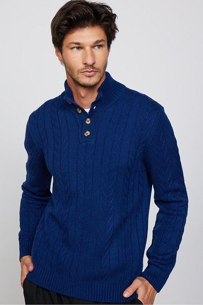 Tudors Мъжки тънък трикотаж Slim Fit мек текстуриран трикотаж с яка и копчета Син пуловер Saks