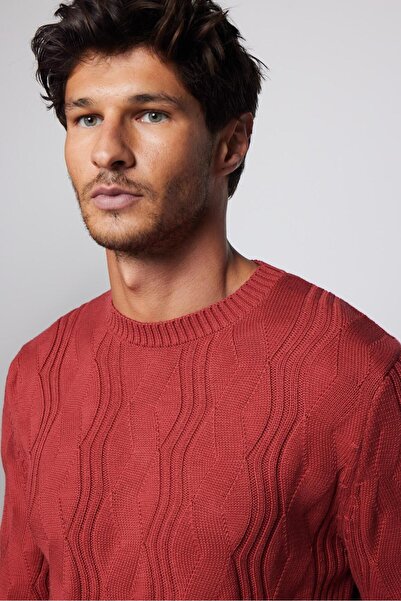 Tudors Men's Slim Fit Slim Fit Crew Neck Patterned Red Knitwear Sweater