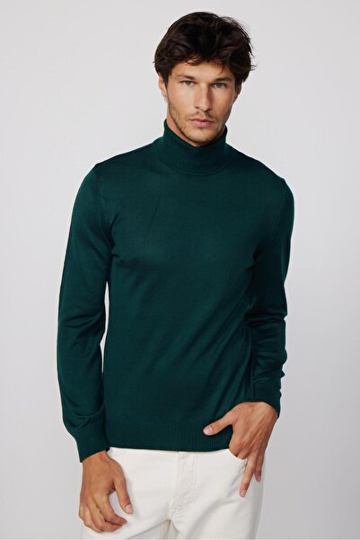 Tudors Erkek Slim Fit Dar Kesim Tam Balıkçı Yaka Düz Yün Yeşil Triko Kazak
