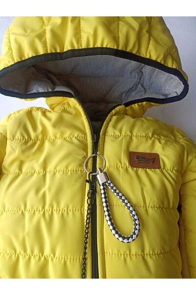 GallanD Puffer Jacket Children's Yellow Color Hood Fiber Seasonal Medium Thick Zipper Movable Accessory Chain Piping