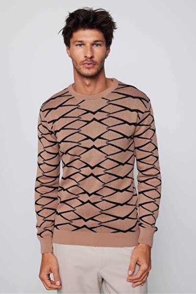 Tudors Men's Mink-Black Slim Fit Crew Neck Jacquard Knitwear Sweater