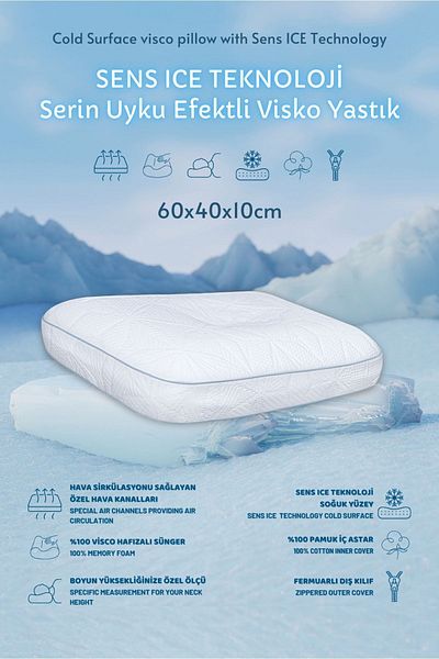 VİSCOTEX Sens Ice Technology Cool Sleeping Effect Neck Supported Visco Orthopedic Pillow Small 60X40X10 cm