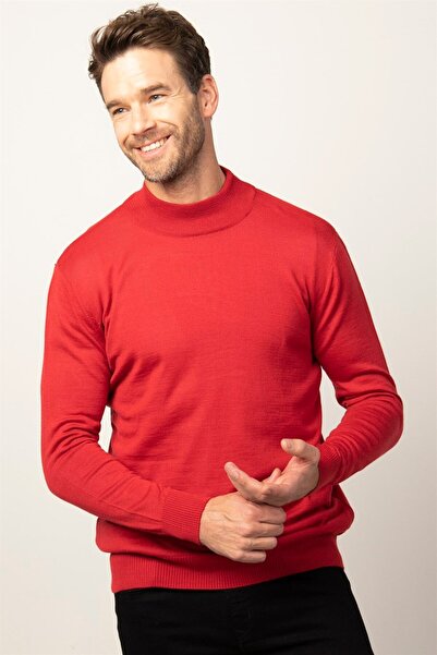 Tudors Men's Slim Fit Slim Fit Half Turtleneck Solid Red Knitwear Sweater