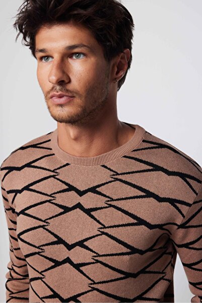 Tudors Men's Mink-Black Slim Fit Crew Neck Jacquard Knitwear Sweater