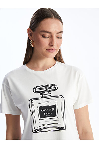 LC Waikiki Damen - Bedrucktes T-Shirt mit Rundhalsausschnitt und kurzen Ärmeln