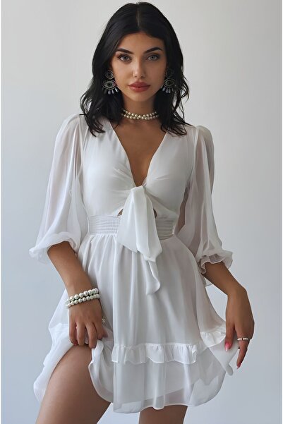 Afiş Butik Φόρεμα Gipeli με λευκό σιφόν στη μέση - Λεπτομέρεια με κορδόνια