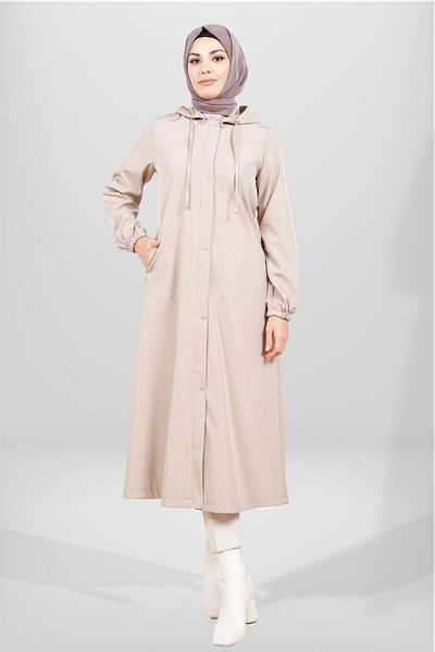 Beyza Μπεζ με κουκούλα Hijab Raincoat - Snap Button, Μοντέλο 3841