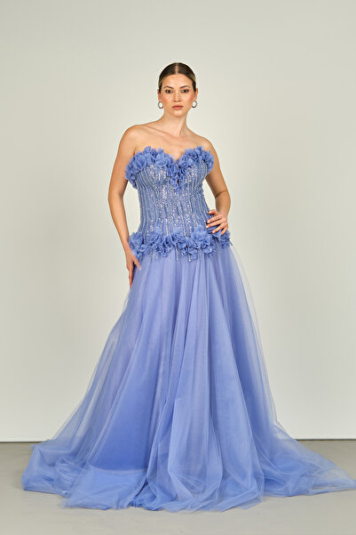 ÖMÜR INN Ömür Inn Kadın Straplez Beli Korsajlı Eteği Tül Uzun Abiye Elbise 4120 Kraliyet Mavisi