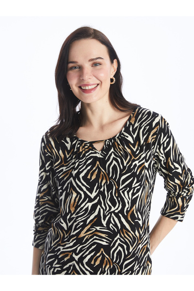 LC Waikiki Vzorované dámské tričko s dlouhým rukávem a výstřihem