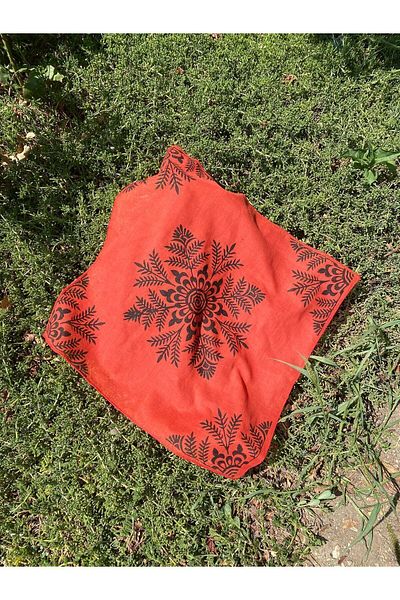 leillART Red Patterned Cotton Women's Hair Bandana - Handmade
