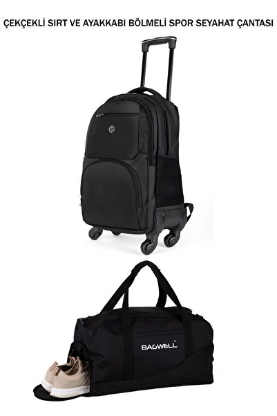 BAGWELL Çekçekli Kabin Boy Sırt ve Büyük Boy Ayakkabı Bölmeli Seyahat Çanta Seti