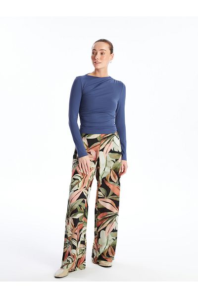 LC Waikiki Gemusterte, bequeme, geformte Damenhose mit elastischem Bund