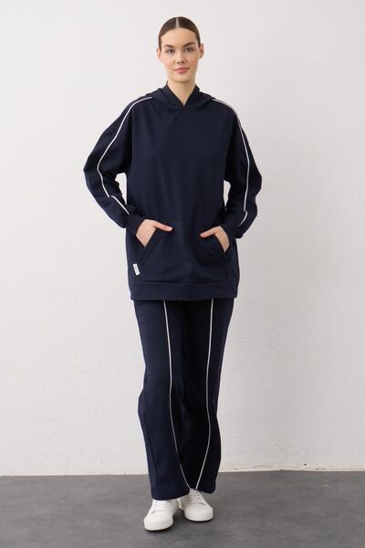 Basicpark Navy Blue Label Detailed Hooded Kangaroo Pocket Cotton Knitted Bottom and Top Set