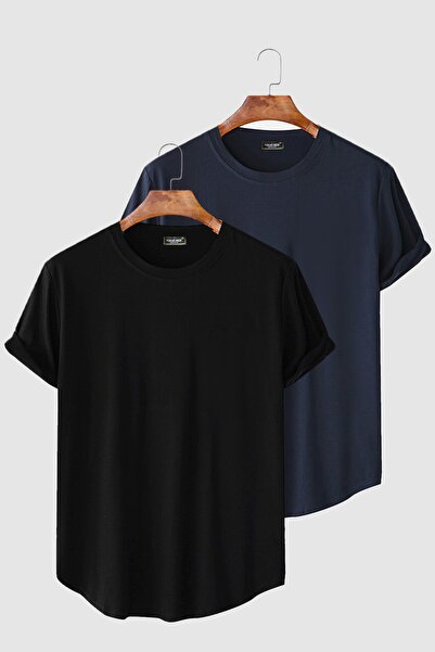 Terapi Men 2'li Erkek Lacivert-Siyah Kolları Katlı Oval Kesim Cepsiz Bisiklet Yaka T-shirt