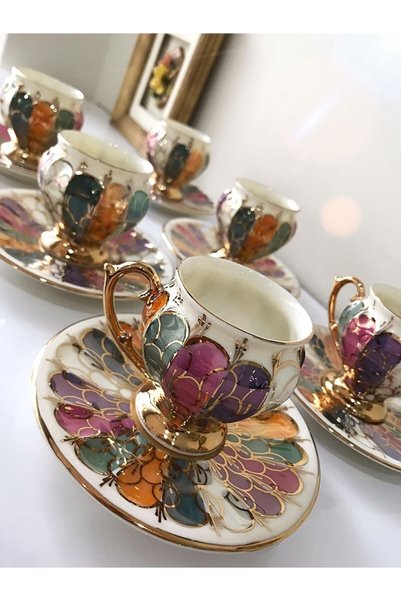 BY.RAYKA PORSELEN El Dekor Porcelain Hand Painted Malina Set of 6 Cups