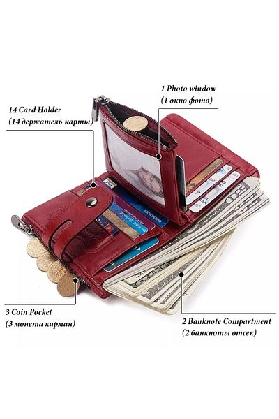 Jeep Unisex Red Special Boxed Wallet 100% Genuine Leather Coin Card Holder with Chain