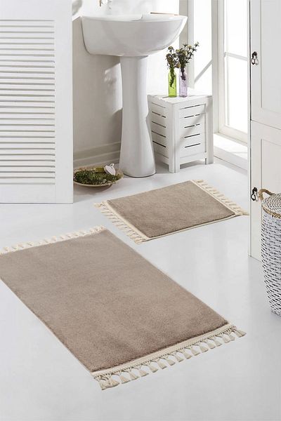Valery Home Vl Washable Premium Pompom με κρόσσια αντιολισθητική βάση βελούδινο πατάκι μπάνιου Σετ 2 καφέ