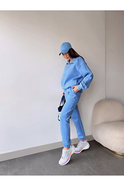 FEEL STYLE BÜYÜK BEDEN KADIN ÜÇ İPLİK YARIM FERMUAR EŞOFMAN TAKIMI MODERN KALIP FS