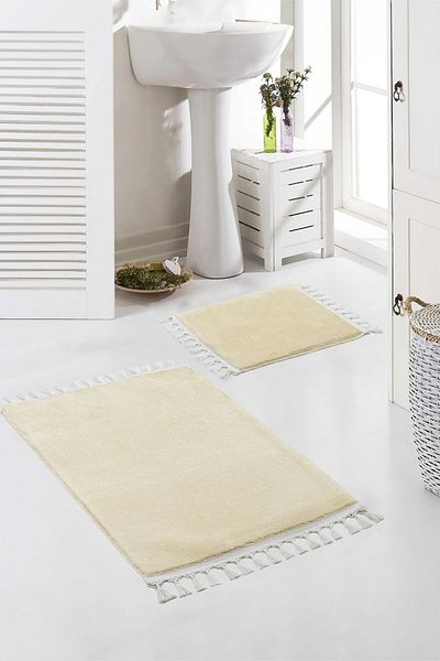 Valery Home Vl Washable Premium Pompom με κρόσσια αντιολισθητική βάση βελούδινο πατάκι μπάνιου Σετ 2 μπεζ