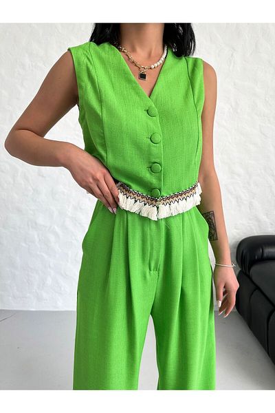 LAMİFUSTORE Linen Women's Vest and Accessory Set - Tassel Detailed