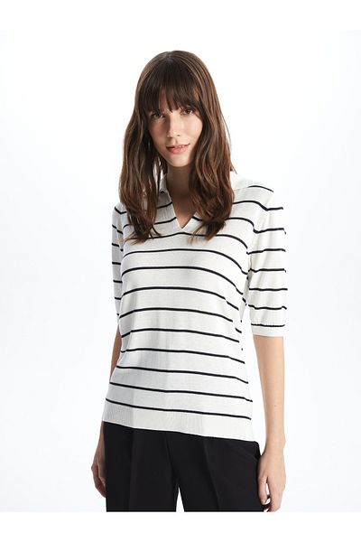 LC Waikiki Polo Neck Striped Short Sleeve Women's Knitwear Sweater